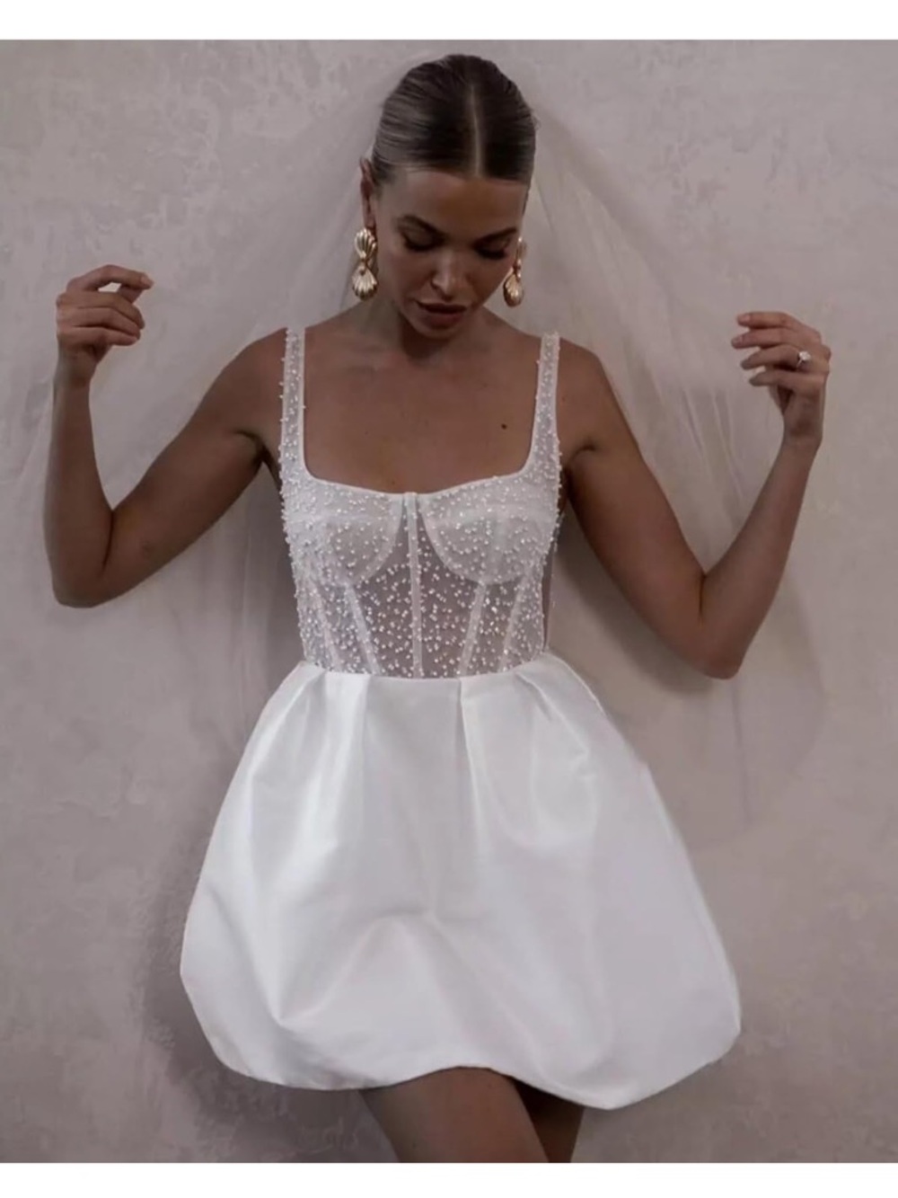 White Beaded Tulle Bodice Mini Dress size S